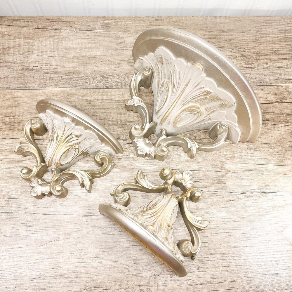 Ornate Gray Gold Wall Shelf Set – Vintage Gothic Burwood Decor - Picture 2 of 16